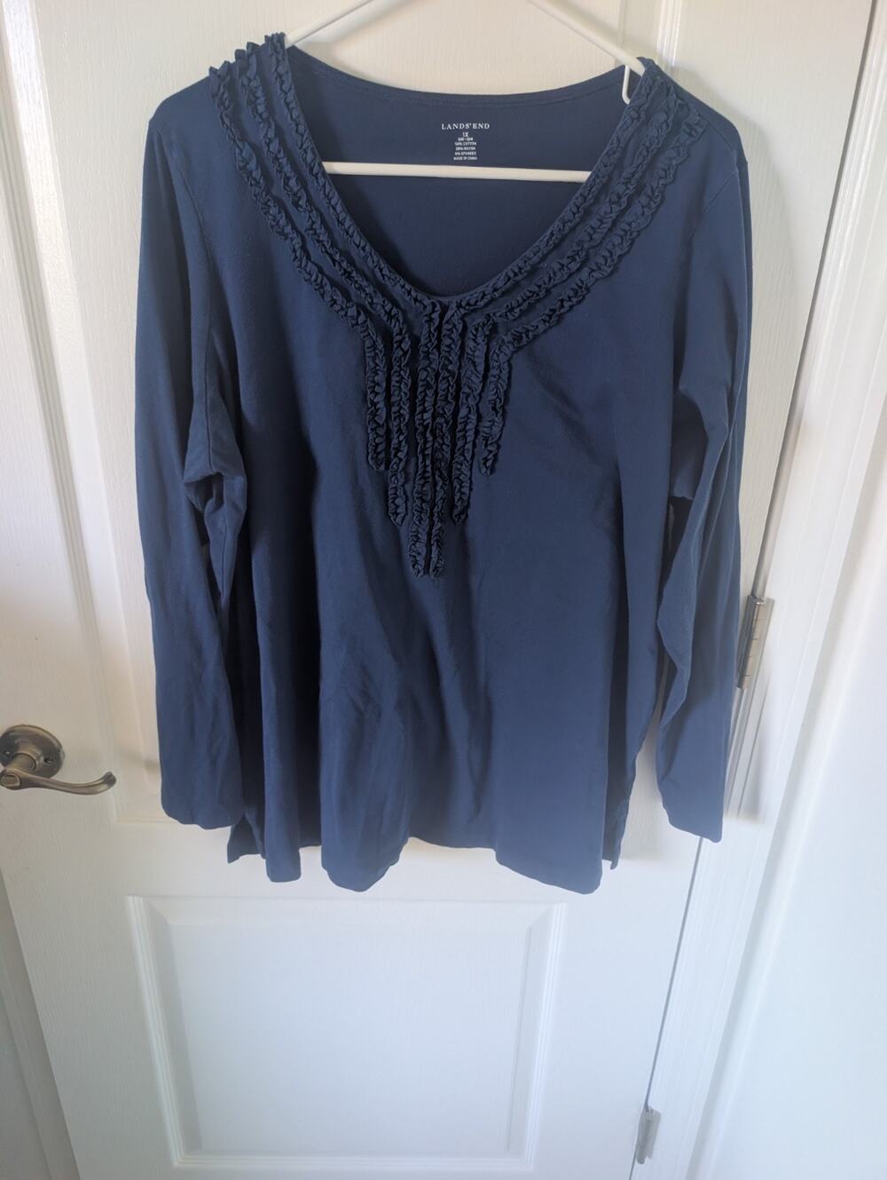 LANDS END Womens PLUS Blue Cotton L/S TOP 1X (16W-18W) Casual Cotton Blend